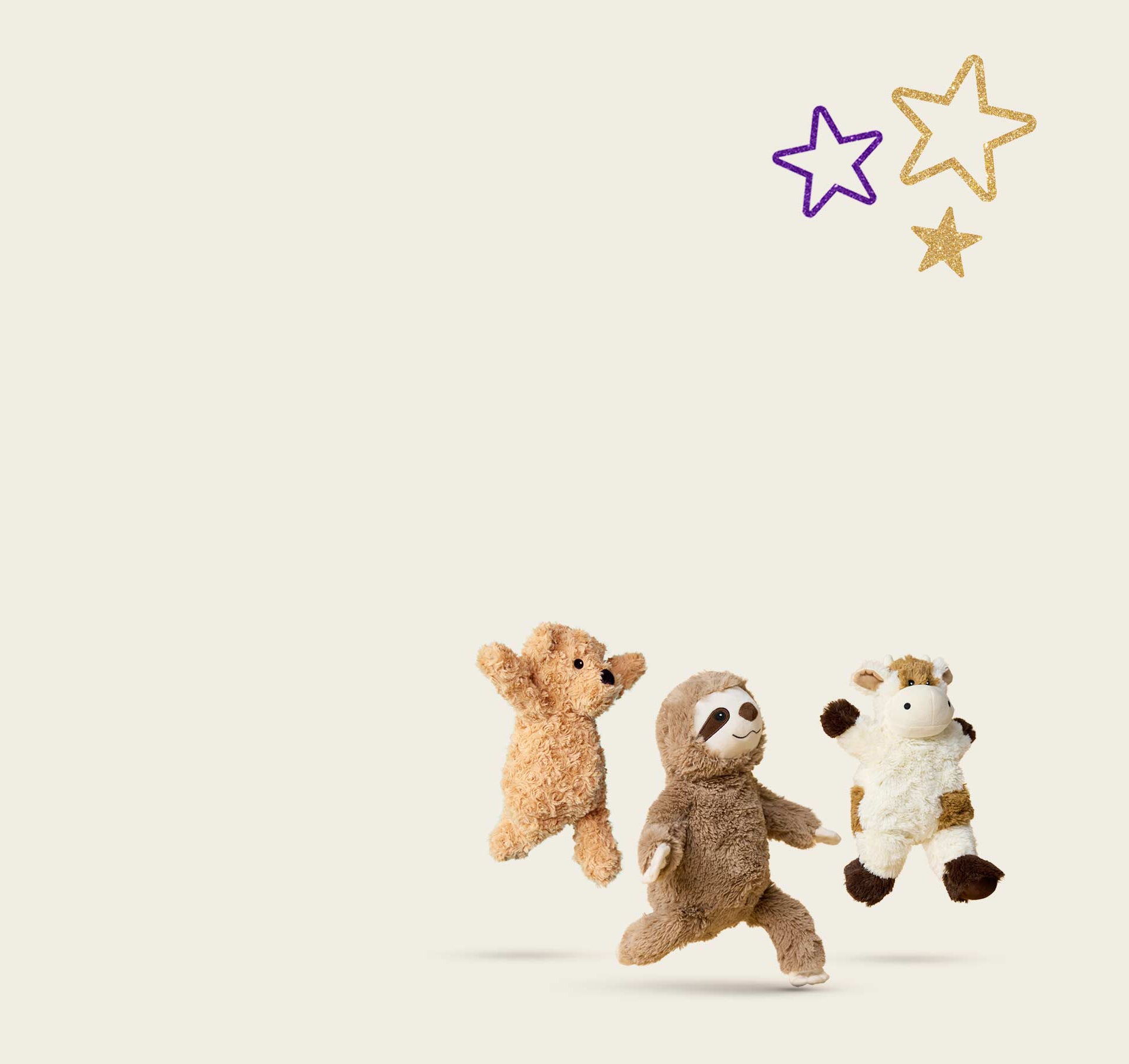 Various Warmies Stuffed Animals jumping around gold and purple stars