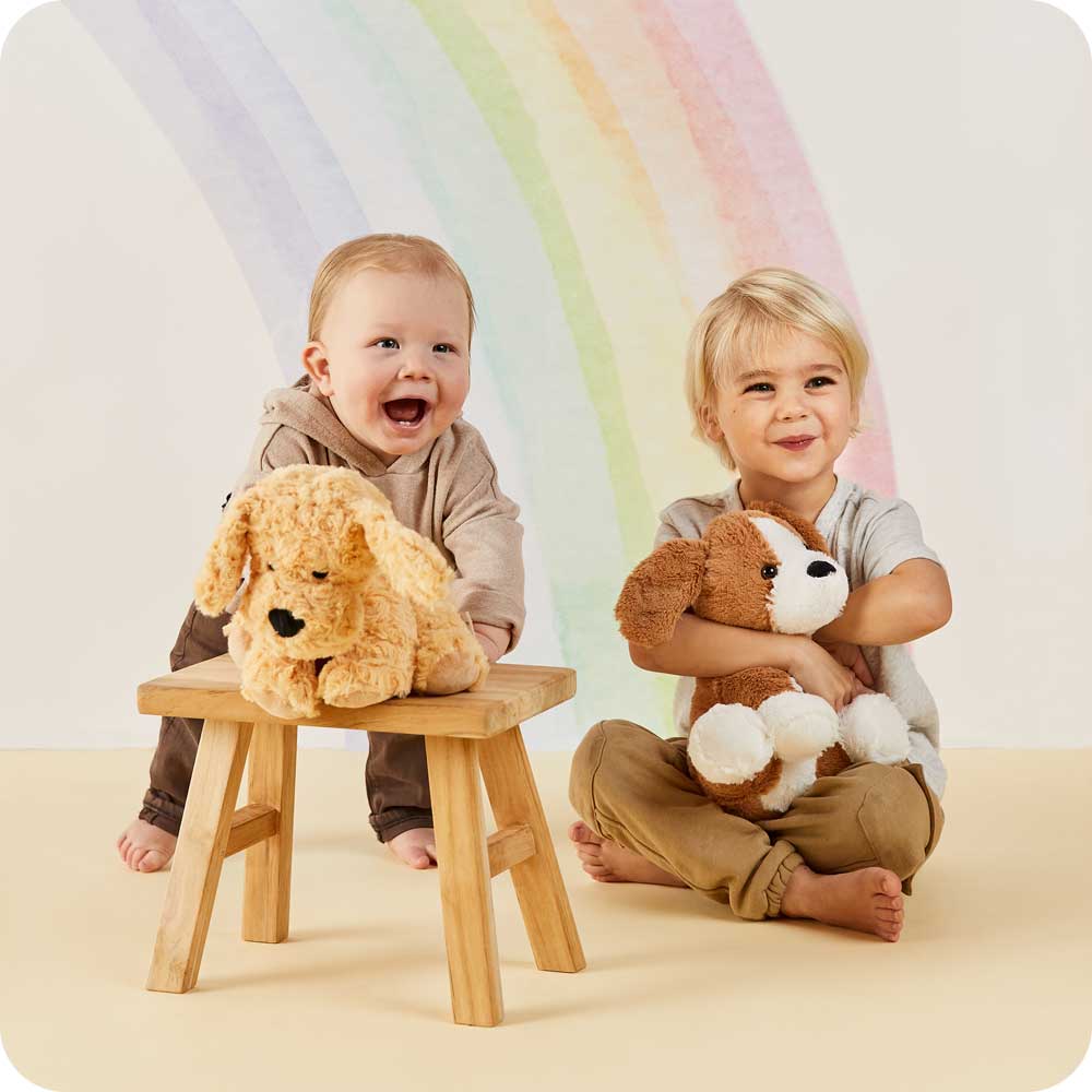 Brothers sitting and smiling with Cute Weighted Lavender Scented Beagle Stuffed Animal Heating Pad Warmies